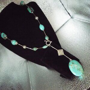 TURQUOISE & DYED HOWLITE STONE SILVERY FINDINGS PENDANT NECKLACE 37